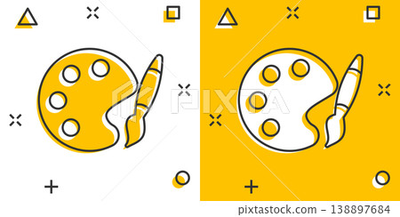 Paint brush icon in comic style. Palette cartoon vector illustration on white isolated background. Painter instrument splash effect business concept. Paint brush icon in comic style. Palette cartoon vector illustration on white isolated background. Painter instrument splash effect business concept. 138897684