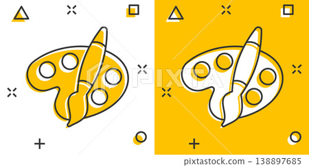 Paint brush icon in comic style. Palette cartoon vector illustration on white isolated background. Painter instrument splash effect business concept. Paint brush icon in comic style. Palette cartoon vector illustration on white isolated background. Painter instrument splash effect business concept. 138897685