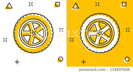Car wheel icon in comic style. Vehicle part cartoon vector illustration on white isolated background. Tyre splash effect business concept. 138897686