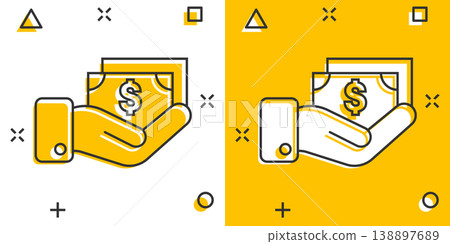 Remuneration icon in comic style. Money in hand cartoon vector illustration on white isolated background. Banknote payroll splash effect business concept. Remuneration icon in comic style. Money in hand cartoon vector illustration on white isolated background. Banknote payroll splash effect business concept. 138897689