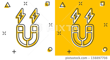 Magnet icon in comic style. Attract cartoon vector illustration on white isolated background. Electromagnetic splash effect business concept. Magnet icon in comic style. Attract cartoon vector illustration on white isolated background. Electromagnetic splash effect business concept. 138897708