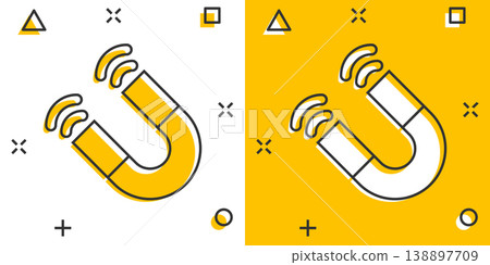 Magnet icon in comic style. Attract cartoon vector illustration on white isolated background. Electromagnetic splash effect business concept. Magnet icon in comic style. Attract cartoon vector illustration on white isolated background. Electromagnetic splash effect business concept. 138897709