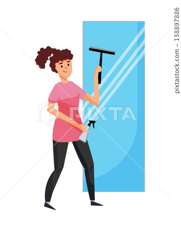 Cartoon vector illustration of a woman cleaning a glass window with a squeegee and spray bottle. Cleaning service concept. Cartoon vector illustration of a woman cleaning a glass window with a squeegee and spray bottle. Cleaning service concept. 138897886