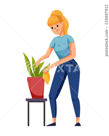 Cartoon vector illustration of a woman wiping houseplant leaves with a cloth. Flat style plant care and home cleaning concept isolated on white background. Cartoon vector illustration of a woman wiping houseplant leaves with a cloth. Flat style plant care and home cleaning concept isolated on white background. 138897912