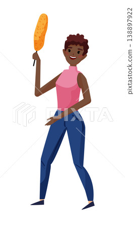Cartoon vector illustration of a woman holding a cleaning duster. Flat style household dusting concept isolated on white background. Cartoon vector illustration of a woman holding a cleaning duster. Flat style household dusting concept isolated on white background. 138897922