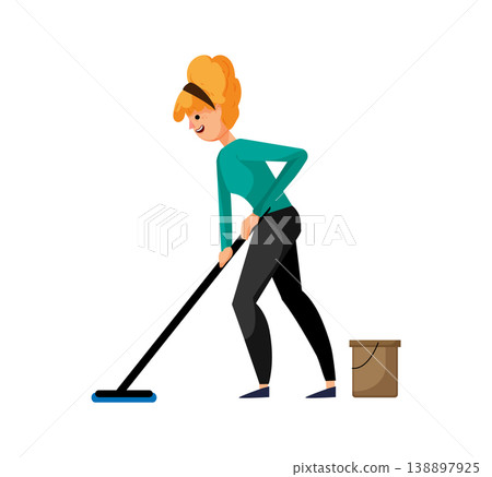 Cartoon vector illustration of a woman cleaning the floor with a mop and bucket. Flat style domestic housework concept isolated on white background. Cartoon vector illustration of a woman cleaning the floor with a mop and bucket. Flat style domestic housework concept isolated on white background. 138897925