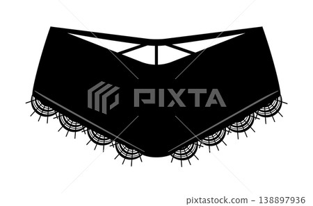 Black silhouette of women panties with decorative lace trim and back cutout detail. Vector illustration of female underwear isolated on white background. Black silhouette of women panties with decorative lace trim and back cutout detail. Vector illustration of female underwear isolated on white background. 138897936