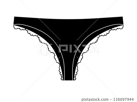 Black silhouette of women thong panties with scalloped lace edges. Vector illustration of female lingerie isolated on white background. 138897944