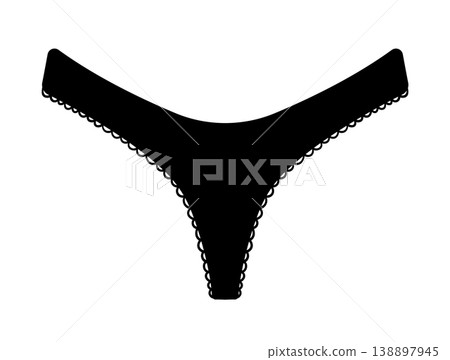 Black silhouette of women thong panties with scalloped edges. Vector illustration of female lingerie isolated on white background. 138897945
