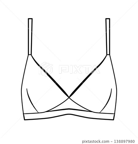 Black outline of women soft cup bra with crossed front design and thin straps. Vector illustration of female lingerie isolated on white background. Black outline of women soft cup bra with crossed front design and thin straps. Vector illustration of female lingerie isolated on white background. 138897980