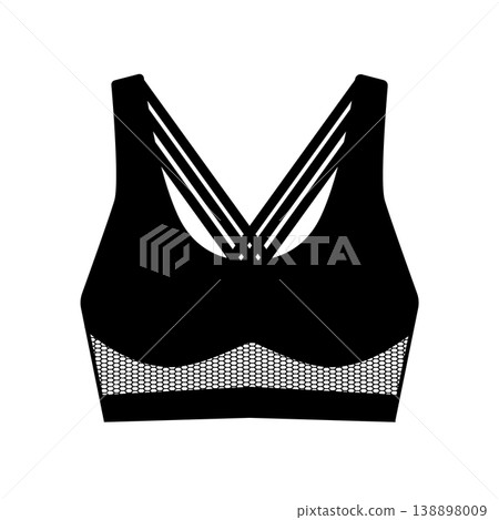 Black silhouette of women sport bra with crossed straps and mesh band. Vector illustration of female activewear isolated on white background. Black silhouette of women sport bra with crossed straps and mesh band. Vector illustration of female activewear isolated on white background. 138898009