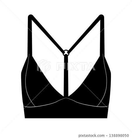 Black silhouette of women triangle bra with Y shaped strap detail and thin straps. Vector illustration of female lingerie isolated on white background. Black silhouette of women triangle bra with Y shaped strap detail and thin straps. Vector illustration of female lingerie isolated on white background. 138898050