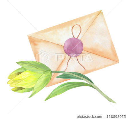 The envelope and lily. Handmade watercolor illustration. For packaging design, cards, cover, prints, product labels and fabric. The envelope and lily. Handmade watercolor illustration. For packaging design, cards, cover, prints, product labels and fabric. 138898055