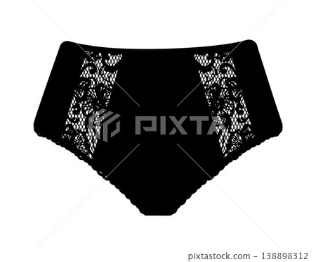 Black silhouette of women panties with decorative lace side panels. Vector illustration of elegant female lingerie isolated on white background. Black silhouette of women panties with decorative lace side panels. Vector illustration of elegant female lingerie isolated on white background. 138898312