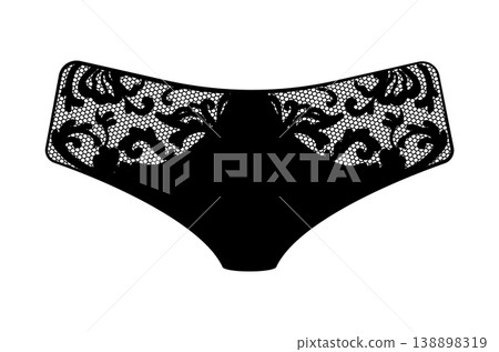 Black silhouette of women panties with lace upper panel and smooth lower part. Vector illustration of female lingerie isolated on white background. Black silhouette of women panties with lace upper panel and smooth lower part. Vector illustration of female lingerie isolated on white background. 138898319