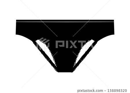 Black silhouette of women panties with decorative lace trim edges. Vector illustration of female lingerie isolated on white background. Black silhouette of women panties with decorative lace trim edges. Vector illustration of female lingerie isolated on white background. 138898320