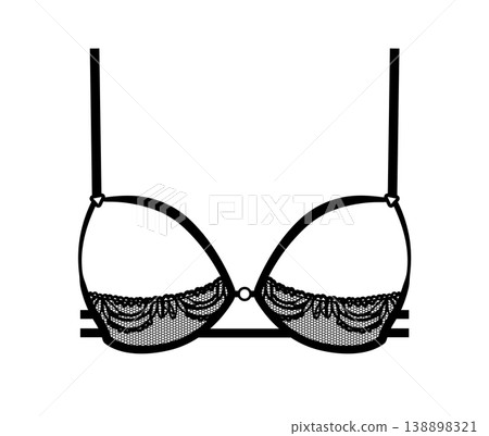 Black silhouette of a women's lace underwire bra with decorative trim and sheer mesh cups. Vector illustration of elegant feminine lingerie isolated on a white background. Black silhouette of a women's lace underwire bra with decorative trim and sheer mesh cups. Vector illustration of elegant feminine lingerie isolated on a white background. 138898321