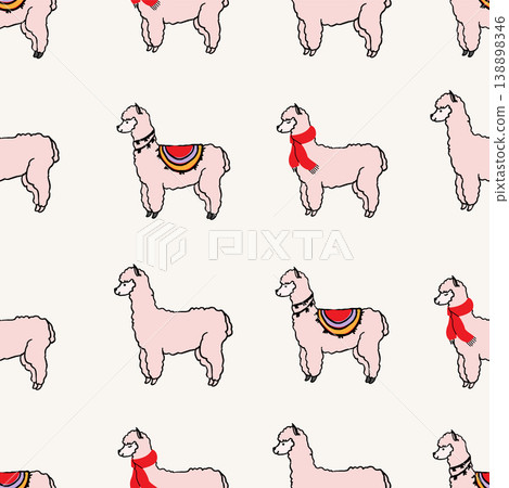 Seamless vector pattern with cute llamas in scarves and decorations. Flat style background for textile and nursery design. Seamless vector pattern with cute llamas in scarves and decorations. Flat style background for textile and nursery design. 138898346