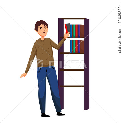 Cartoon vector illustration of a man placing a book on a bookshelf. Flat style home organization and reading concept isolated on white background. Cartoon vector illustration of a man placing a book on a bookshelf. Flat style home organization and reading concept isolated on white background. 138898354