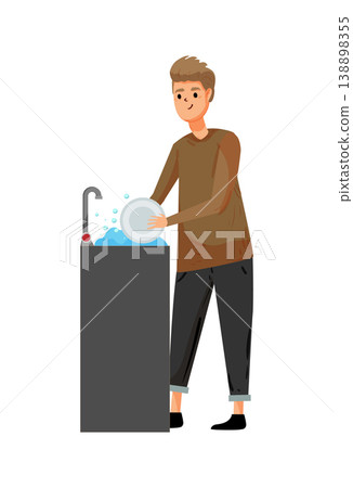 Cartoon vector illustration of a man washing dishes in a sink. Household cleaning concept with water and plate isolated on white background. Cartoon vector illustration of a man washing dishes in a sink. Household cleaning concept with water and plate isolated on white background. 138898355