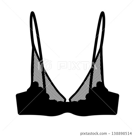 Black silhouette of lace balconette bra with underwire and thin straps. Vector illustration of female lingerie isolated on white background. Black silhouette of lace balconette bra with underwire and thin straps. Vector illustration of female lingerie isolated on white background. 138898514