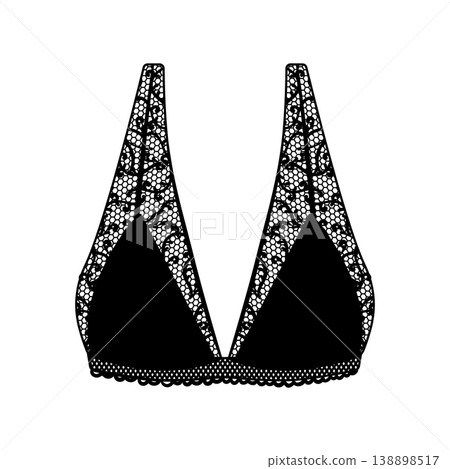 Black silhouette of a women's lace bralette with a deep V neckline and wide lace straps. Elegant feminine lingerie with delicate lace texture, isolated on a white background. 138898517