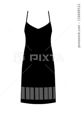 Black silhouette of women nightdress with thin straps and lace mesh hem. Vector illustration of female sleepwear isolated on white background. Black silhouette of women nightdress with thin straps and lace mesh hem. Vector illustration of female sleepwear isolated on white background. 138898522
