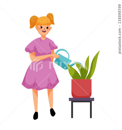 Cartoon vector illustration of a girl watering a houseplant with a watering can. Home gardening and care concept. Cartoon vector illustration of a girl watering a houseplant with a watering can. Home gardening and care concept. 138898599