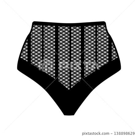 Black silhouette of women high waisted panties with lace mesh front panel. Vector illustration of female lingerie isolated on white background. Black silhouette of women high waisted panties with lace mesh front panel. Vector illustration of female lingerie isolated on white background. 138898629