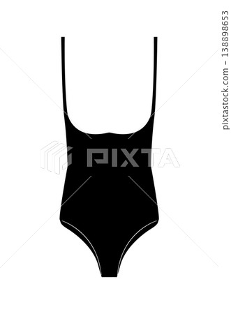 Black silhouette of women one piece swimsuit with deep neckline and thin straps. Vector illustration of swimwear isolated on white background. Black silhouette of women one piece swimsuit with deep neckline and thin straps. Vector illustration of swimwear isolated on white background. 138898653