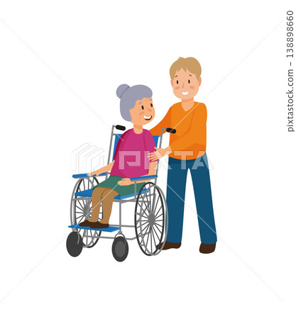 Couple Helping Senior in Wheelchair Couple Helping Senior in Wheelchair 138898660