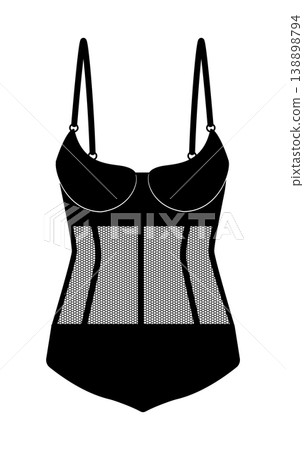 Black silhouette of women corset style bodysuit with cups, adjustable straps and mesh waist panels. Vector illustration of female lingerie isolated on white background. Black silhouette of women corset style bodysuit with cups, adjustable straps and mesh waist panels. Vector illustration of female lingerie isolated on white background. 138898794