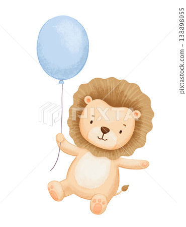 Cute baby lion with blue balloon, african animal on isolated background. Childish drawing for kids, flying character Cute baby lion with blue balloon, african animal on isolated background. Childish drawing for kids, flying character 138898955