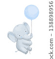 Cute baby elephant is flying with blue balloon. Watercolour animal isolated hand drawn illustration for child 138898956