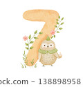 Cute owl with number 7 and flowers, watercolour funny illustration for birthday celebration and greeting design 138898958