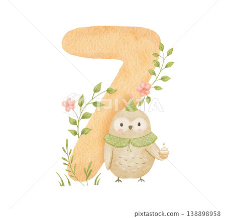 Cute owl with number 7 and flowers, watercolour funny illustration for birthday celebration and greeting design Cute owl with number 7 and flowers, watercolour funny illustration for birthday celebration and greeting design 138898958