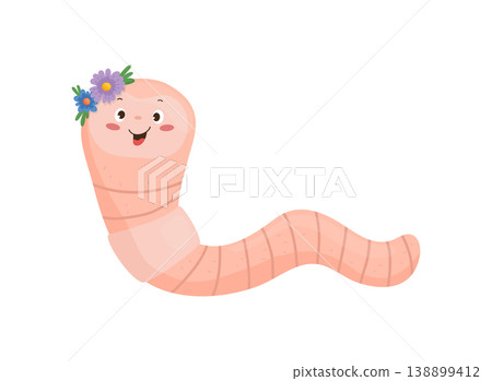 Smiling Earthworm with Flower Crown Smiling Earthworm with Flower Crown 138899412