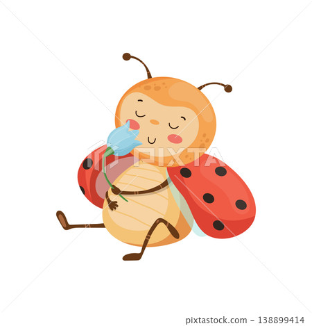 Ladybug Smelling a Blue Flower Ladybug Smelling a Blue Flower 138899414