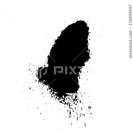 Black ink splatter with scattered drops and spray effect resembling aerosol paint. Grunge style vector illustration of liquid splash isolated on white background. Black ink splatter with scattered drops and spray effect resembling aerosol paint. Grunge style vector illustration of liquid splash isolated on white background. 138899497