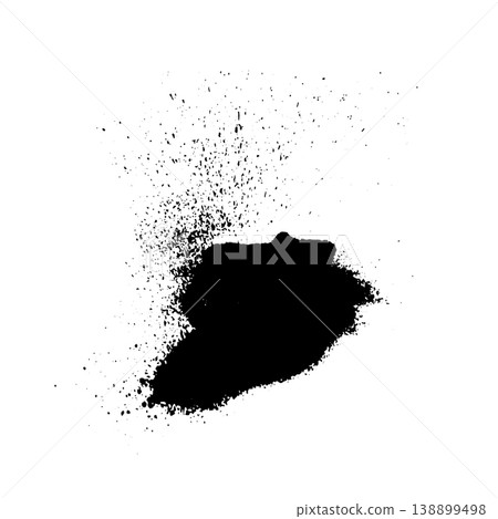 Black ink splatter with scattered drops and spray effect resembling aerosol paint. Grunge style vector illustration of liquid splash isolated on white background. 138899498