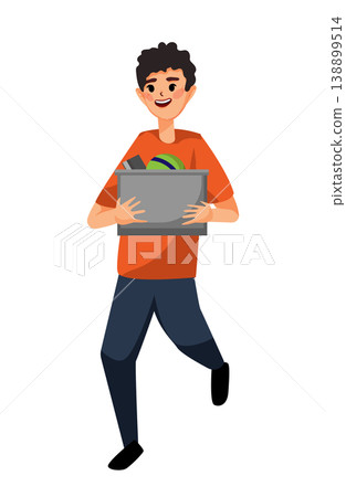 Cartoon vector illustration of a boy holding a box with items. Moving or organizing belongings concept. Cartoon vector illustration of a boy holding a box with items. Moving or organizing belongings concept. 138899514