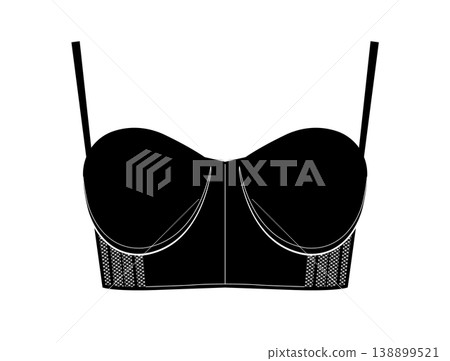 Black silhouette of longline bustier bra with underwire and mesh side panels accentuating breast shape. Vector illustration of erotic female lingerie isolated on white background. Black silhouette of longline bustier bra with underwire and mesh side panels accentuating breast shape. Vector illustration of erotic female lingerie isolated on white background. 138899521