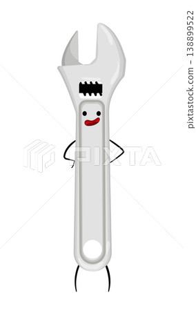 Cartoon vector illustration of an adjustable wrench with a smiling face. Repair tool character isolated on white background for plumbing and construction themes. 138899522