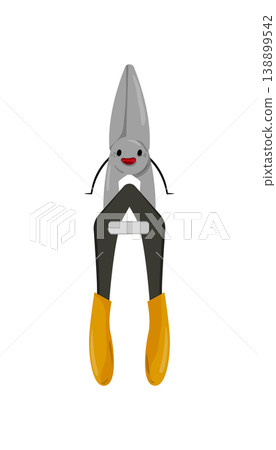 Cartoon vector illustration of pliers with a smiling face. Hand tool character isolated on white background for construction and repair concepts. Cartoon vector illustration of pliers with a smiling face. Hand tool character isolated on white background for construction and repair concepts. 138899542
