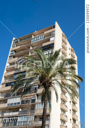Modern apartment building with palm tree against clear blue sky in Barcelona 138899972