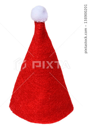 Red cone-shaped hat made of thick fleecy material with a white fluffy pompom on top 138900201