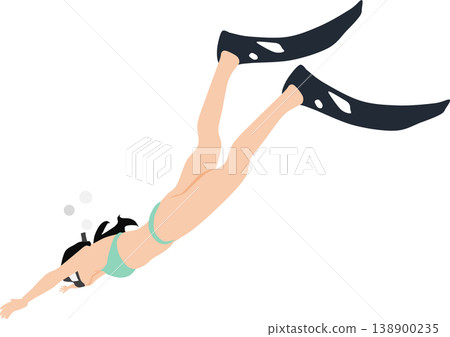 An illustration of a woman swimming with fins on her feet. 138900235