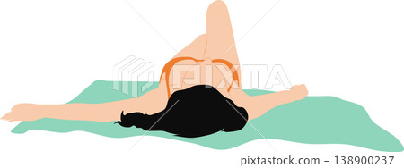 A photograph of a woman from behind, wearing a swimsuit and sunbathing on a beach with a picnic blanket spread out. A photograph of a woman from behind, wearing a swimsuit and sunbathing on a beach with a picnic blanket spread out. 138900237
