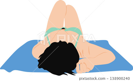 A photograph of a woman from behind, wearing a swimsuit and sunbathing on a beach with a picnic blanket spread out. A photograph of a woman from behind, wearing a swimsuit and sunbathing on a beach with a picnic blanket spread out. 138900240
