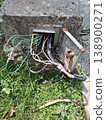 Exposed Electrical Cables and Wires in Rusty Outdoor Utility Box on Concrete Base 138900271